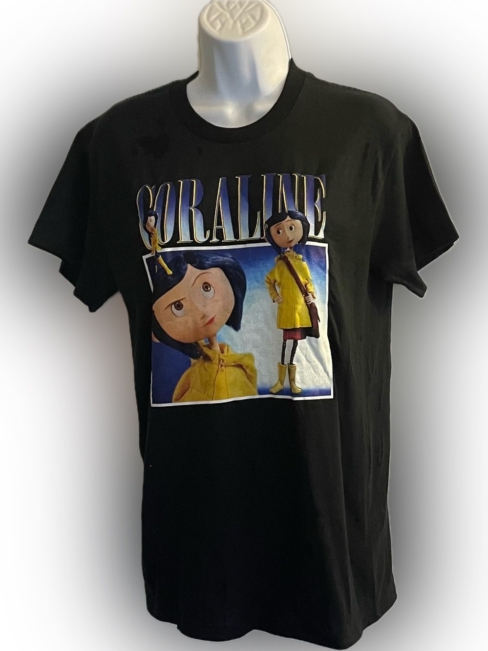 Gildan Black Coraline Graphic Tee with Yellow Coat Print